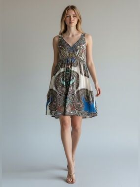 One World Boho Babydoll Dress Flowy Sleeveless Mini Cream Blue Paisley Medium